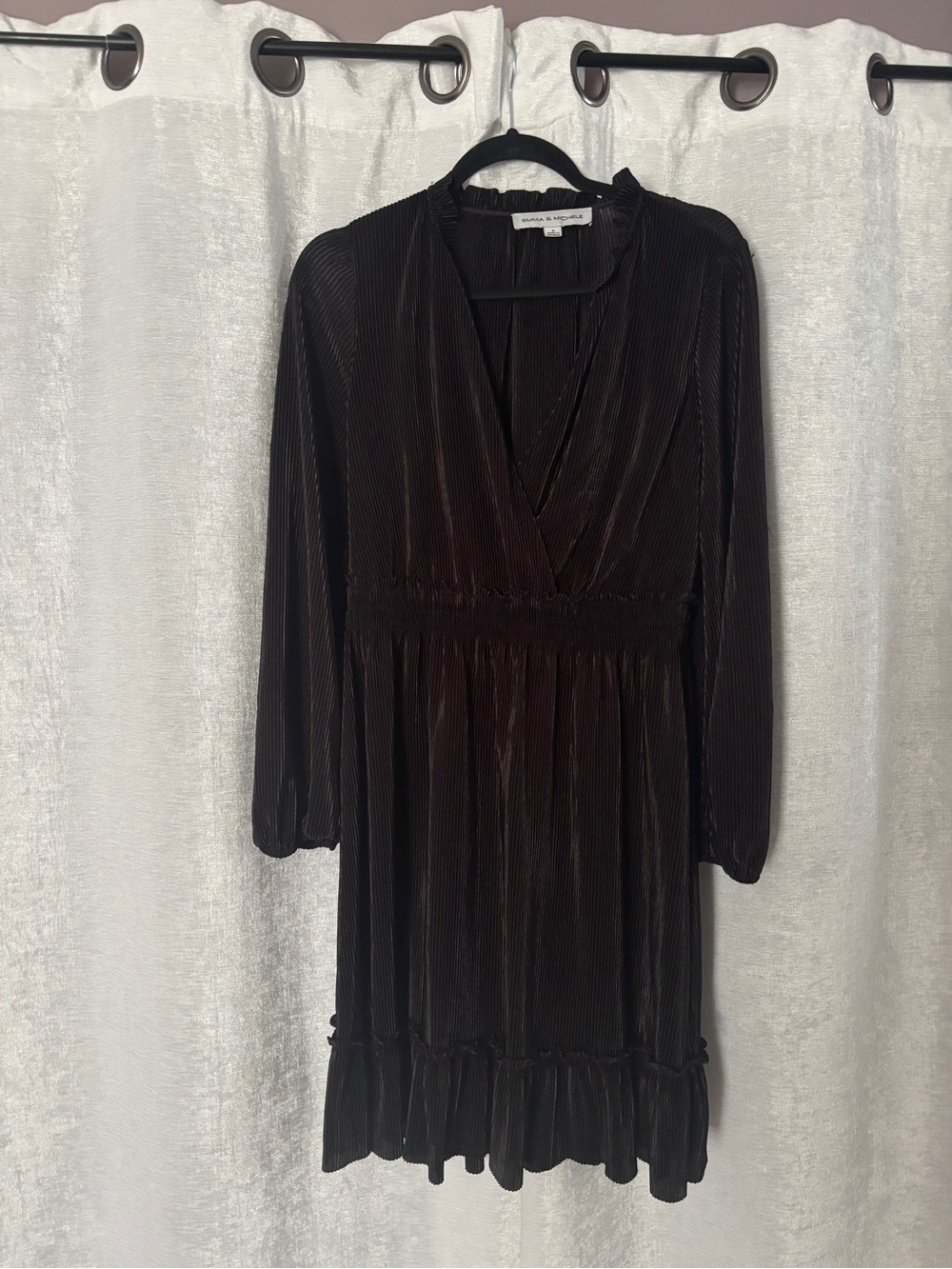 Emma & Michele Black Long Sleeve Pleated Velvet Dress
